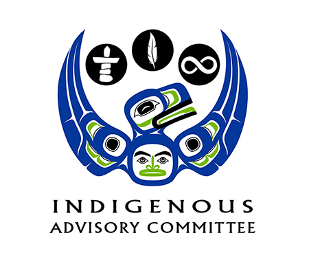 A logo with an Indigenous design that represents CLBC's Indigenous Advisory Committee. The logo colours are blue, green and black. It is an image of a raven with outstretched wings and a person within its chest. Between the raven's wingtips are three symbols: an inukshuk, a feather and an infinity symbol.