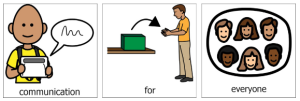 communication board Images for "communication", "for", and "everyone" to symbolize the sentence of "Communication for Everyone"